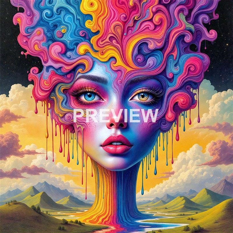 A surreal and colorful artwork depicting a woman's face with vibrant, swirling hair that transitions into a flowing, tree-like structure, set against a backdrop of mountains, clouds, and a starry sky.